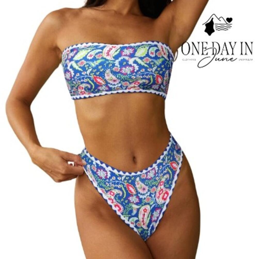 Zaful Floral Paisley Bandeau Bikini Swimsuit Blue NWT Size s